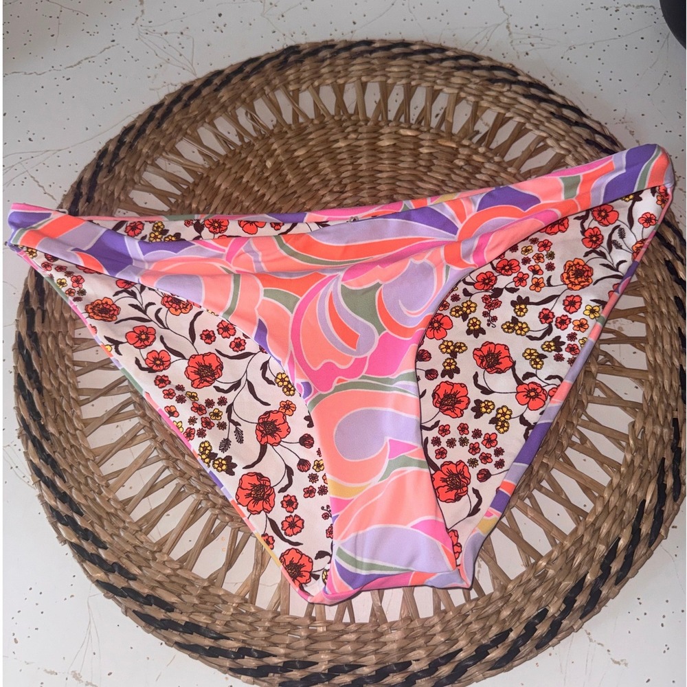 Maaji Reversible Bikini Bottoms Floral Psychedelic Swirl Pink Orange Large NWOT